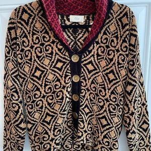 Chic Dia Black and Tan Pattern Textured Cardigan Sweater, Sz S!